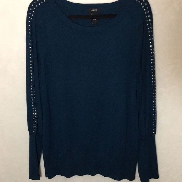 ALFANI Sweater Hunter Green Scoop Neck Pullover Silver Stud Accented Sleeves - Picture 2 of 7